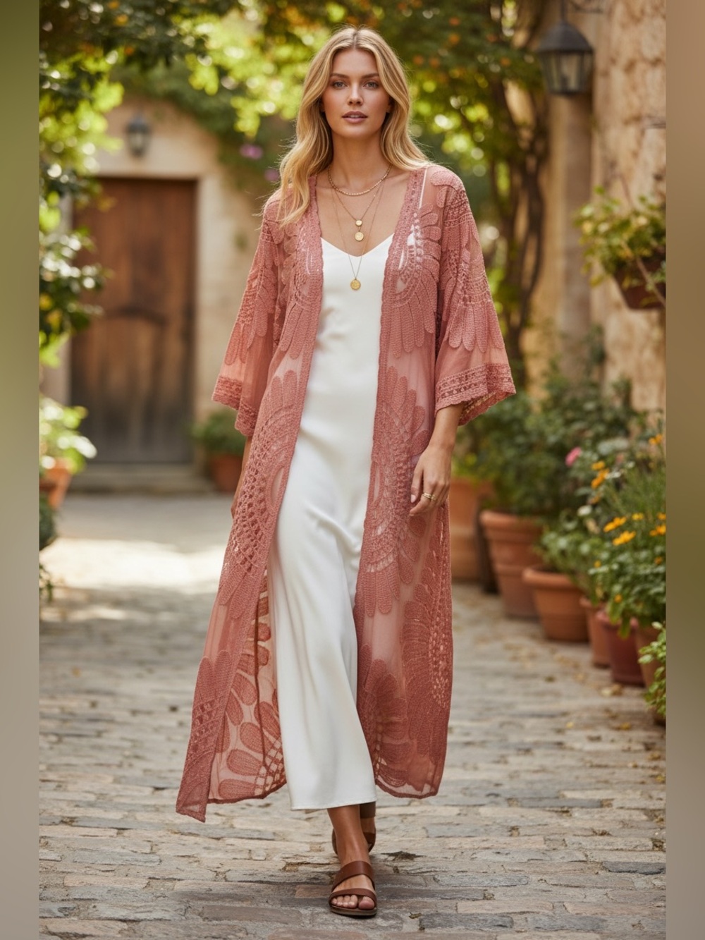 Rebellion Again Mauve Lace Crochet Duster Kimono Cover Up Small Boho Festival